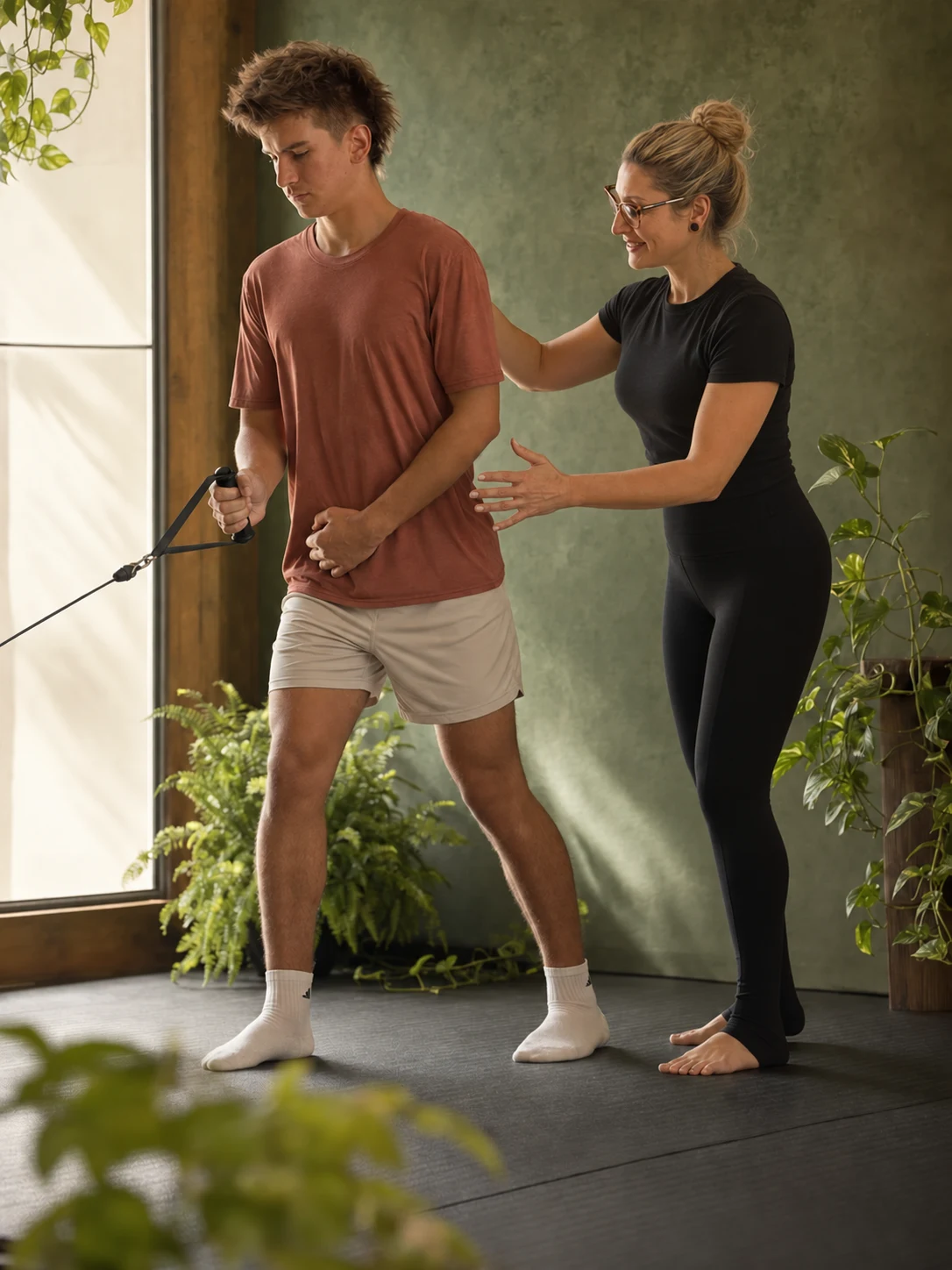 Marce guiding a client through a standing resistance exercise