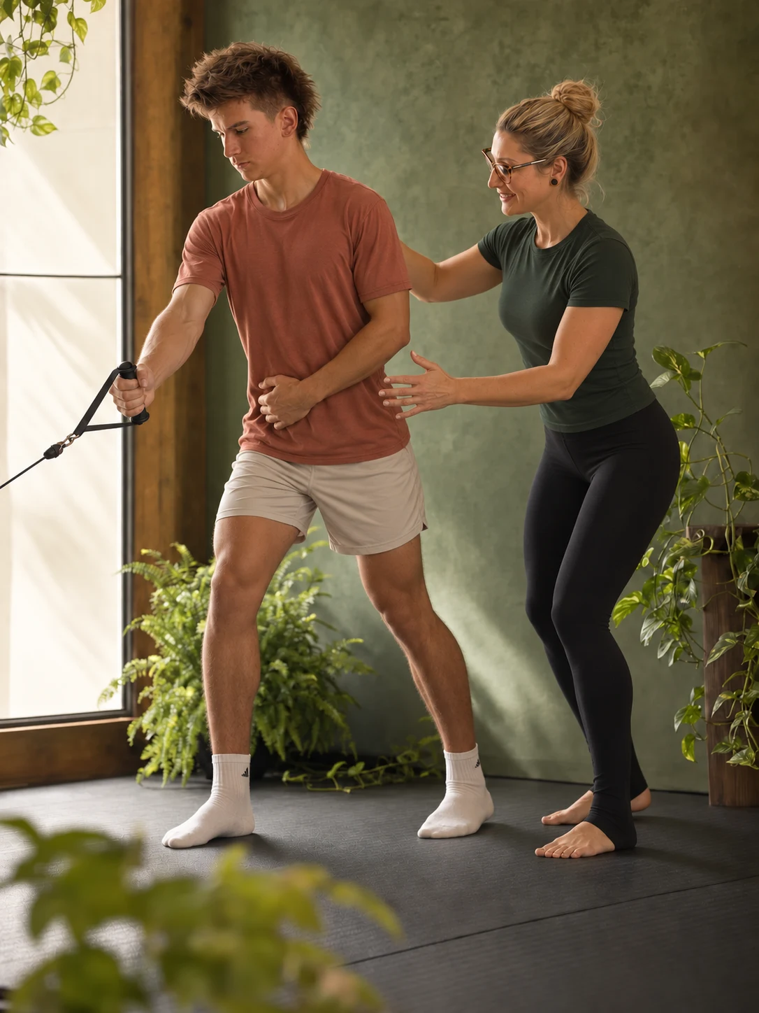 Marce guiding a client through a standing resistance exercise